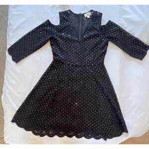 Black Lace Cold Shoulder Dress With Rhinestone Detail Scalloped Hem & Zipper Clo